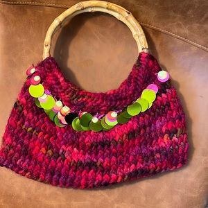 Vintage knitted hand bag with bamboo handles